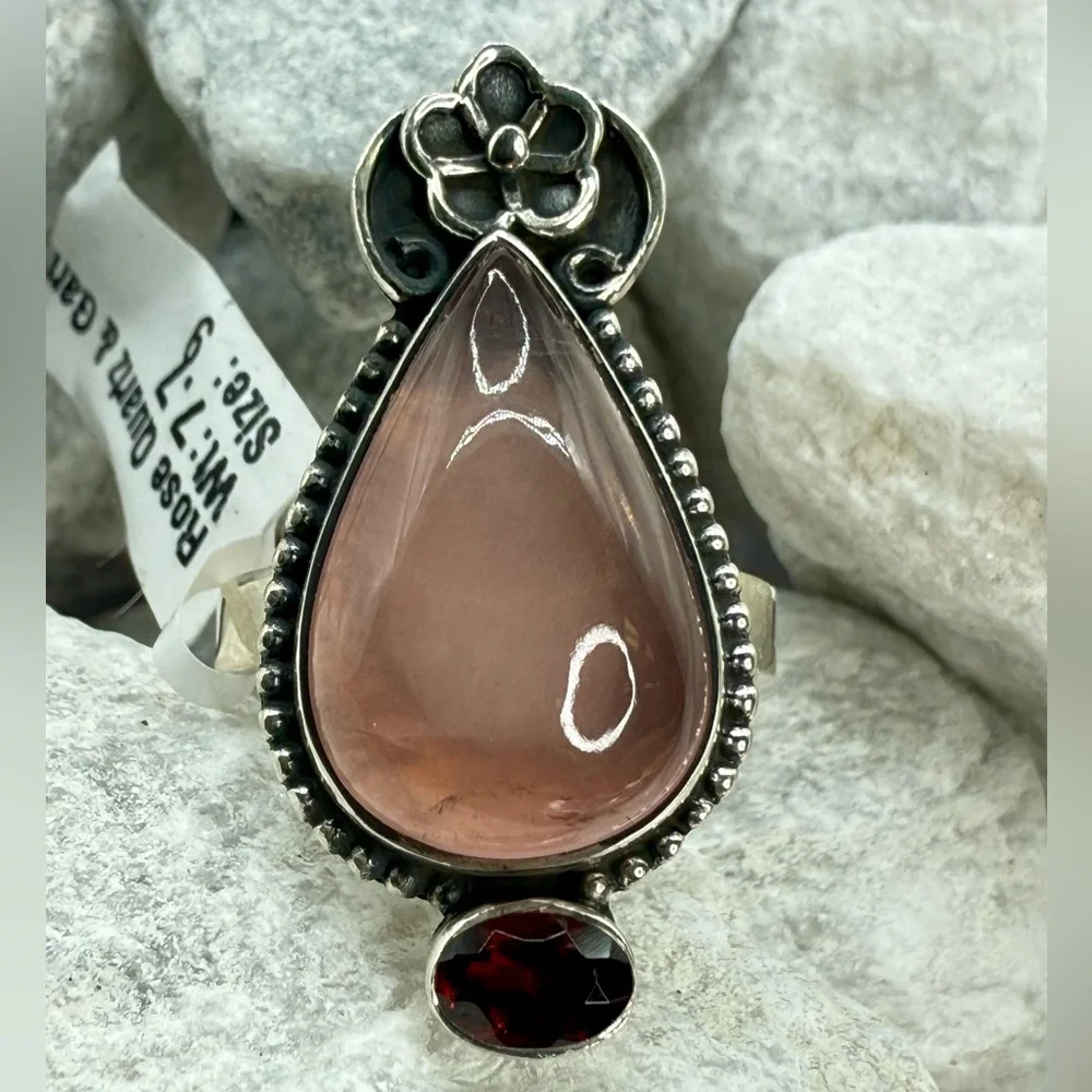 NWT Sterling Silver Rose Quartz & Garnet Ring Size 9 Southwestern Boho 925